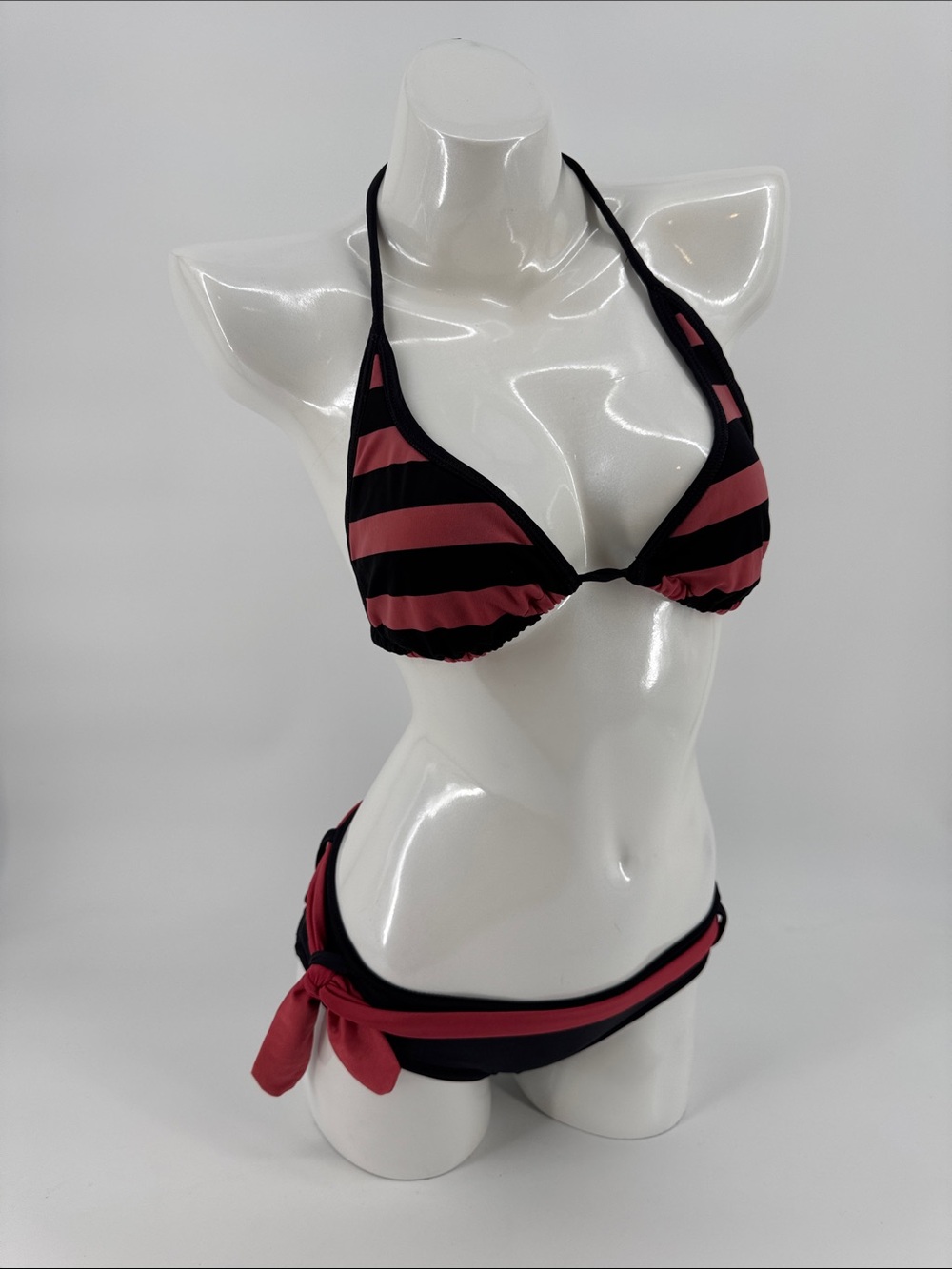 Striped Halter Bikini Top & Side Tie Bottom - Black and Rose